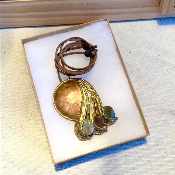 Vintage Art Deco Eclectic Metal & Stone Retro 2-in-1 Pendant & Brooch Necklace - Picture 8 of 10